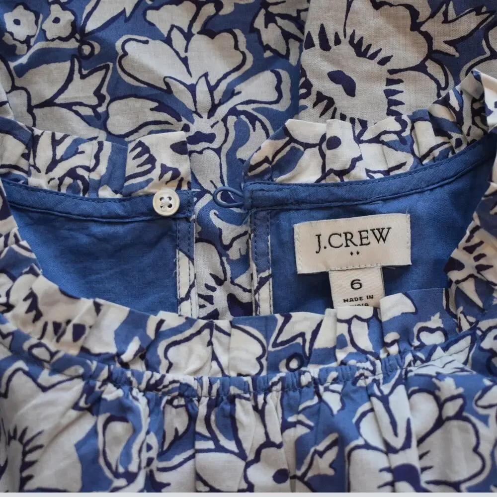 J.Crew Blue Floral Tiered Midi Dress Ruffle Size 6 Woodblock Indigo Cotton